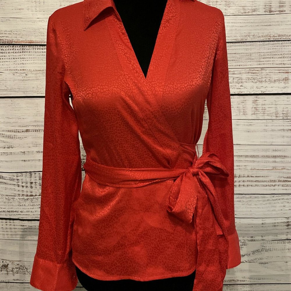 NWT Ann Taylor Animal Print Long Sleeve Wrap Blouse Red Sz 0 Petite